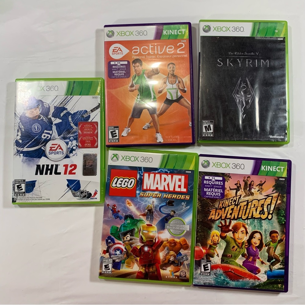 XBOX 360 Lot of 5 games- skyrim,lego marvel,nhl12,active2,kinect adventures